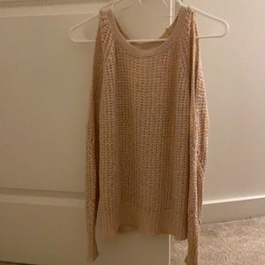 Blush pink crochet cold shoulder sweater